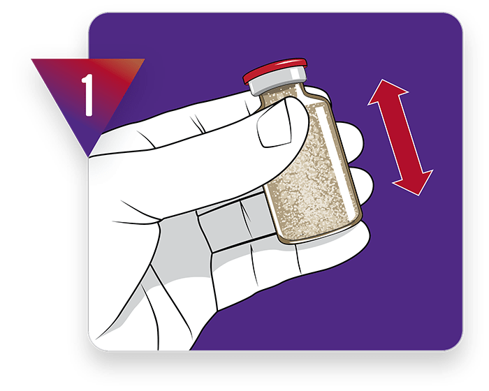 How to mix Bravecto Quantum™. Step 1 - Shake the fluralaner powder vial to break up any aggregates prior to constitution.